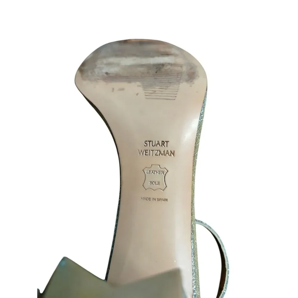 Stuart Weitzman Block Heels Womens Silver Nearlynude Strap Sandal Open Toe Spain